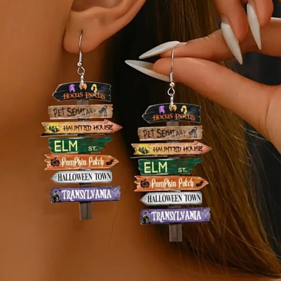 Fashion Jewelry Jewelry - Halloween Directional Sign Earrings - Hocus Pocus, Haunted House, Elm St